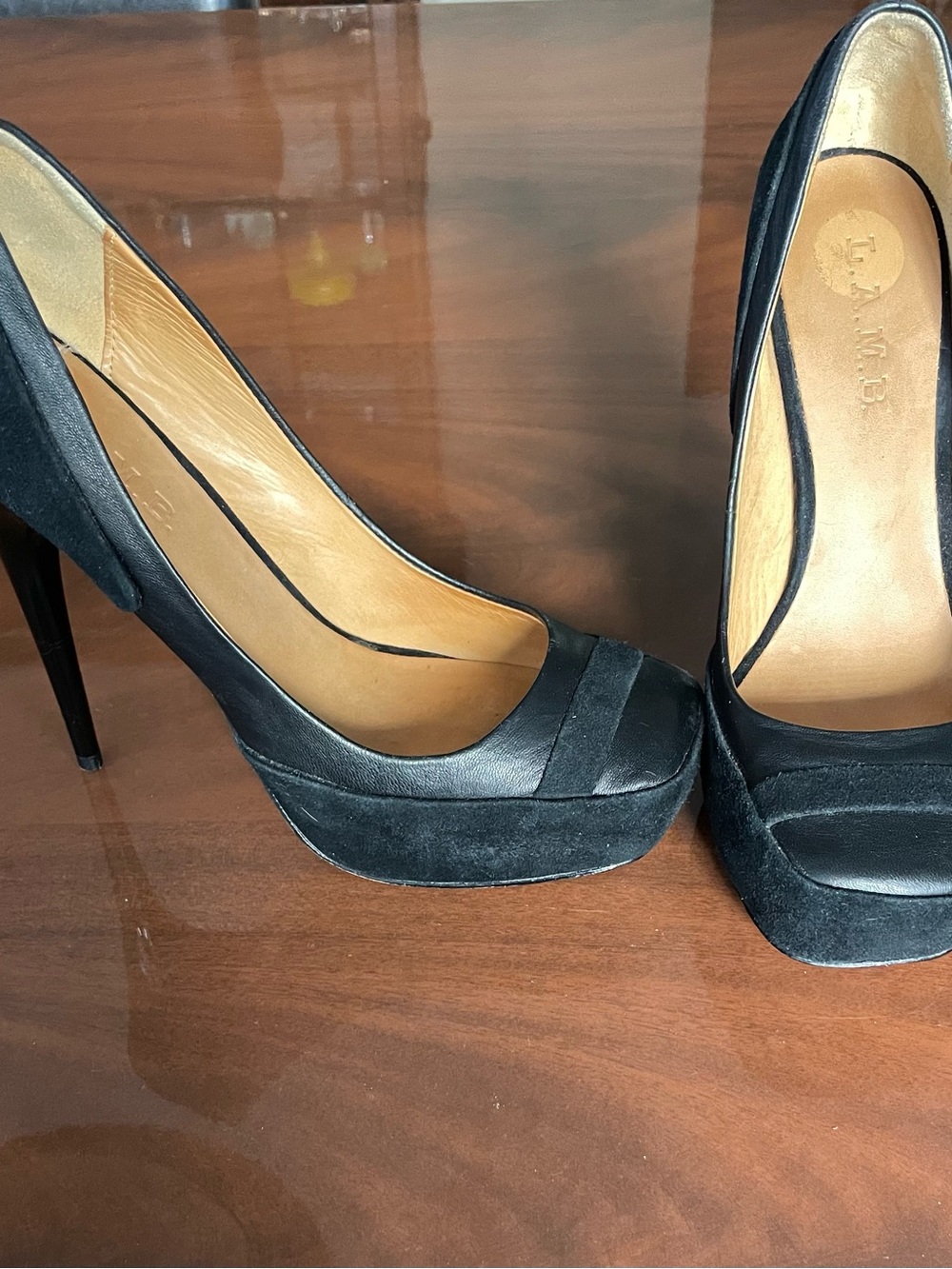 L.A.M.B. High Heel Leather Platform Pumps in Black by Gwen Stefani